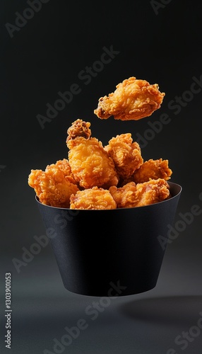 Crunchy fried chicken on black paper bucket floating in solid vertical background