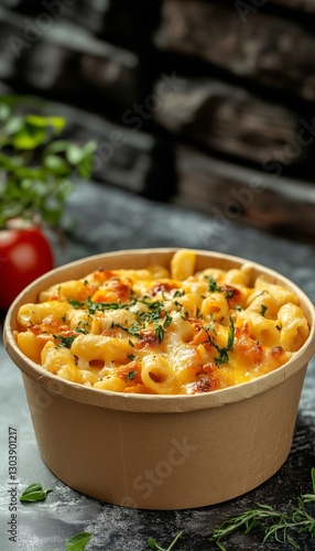 Delicious mac and cheese macaroni pasta baked on brown paper bowl story background