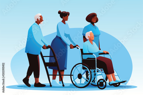 Create a heartwarming vector illustration depicting elderly care, focusing on a kind, senior person receiving compassionate support.  Show details of caregiving.