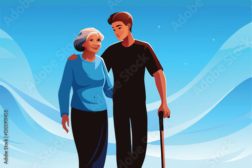 Create a vector illustration depicting elderly people mutually supporting each other, showcasing intergenerational bonds and community care.