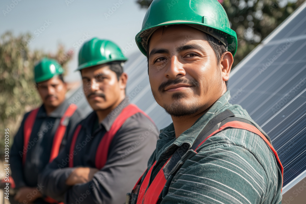 Photography of a Mexico team of solar panel installation technicians, with the installation of the panels in the background. Photography of a Mexico team of solar panel installation technicians, with the installation of the panels in the background.