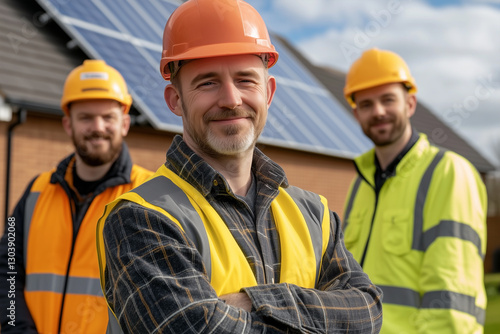 Photography of a Ireland team of solar panel installation technicians, with the installation of the panels in the background.