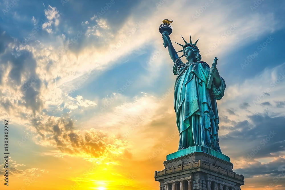 Fototapeta premium Iconic Statue of Liberty Against a Dramatic Golden Sunset Sky