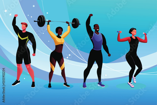 Create a vibrant vector illustration of a diverse group of athletes celebrating victory, showcasing various sports and body types.  High-quality, detailed, and colorful.