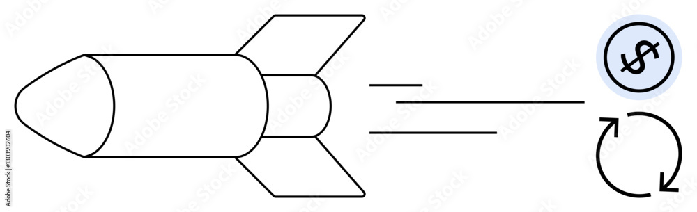 Rocket flying towards dollar and cycle symbols conveying rapid growth, success, innovation, progress, startup launch, business investment, planning. Ideal for finance, innovation growth success Rocket flying towards dollar and cycle symbols conveying rapid growth, success, innovation, progress, startup launch, business investment, planning. Ideal for finance, innovation growth success
