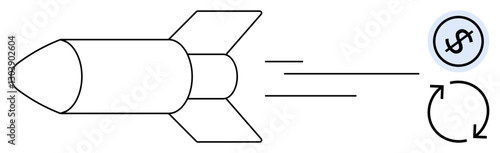 Rocket flying towards dollar and cycle symbols conveying rapid growth, success, innovation, progress, startup launch, business investment, planning. Ideal for finance, innovation growth success