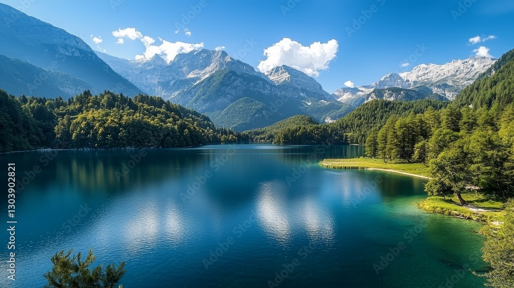 Serene Mountain Lake Landscape Stunning Alpine Scenery with Lush Green Forests and Crystal Clear Serene Mountain Lake Landscape Stunning Alpine Scenery with Lush Green Forests and Crystal Clear