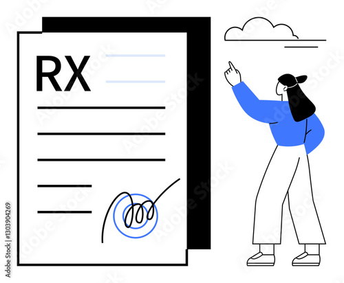 Large prescription paper with signature, woman gesturing toward floating cloud. Ideal for medicine, healthcare, pharmacy, communication, patient management, instructions, flat simple metaphor