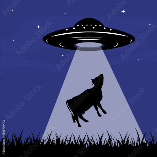 A flying cow during an abduction by an alien UFO into the spaceship on a field. Silhouette of cattle being abducted on a country farm at night by a flying saucer with a ray or beam of light