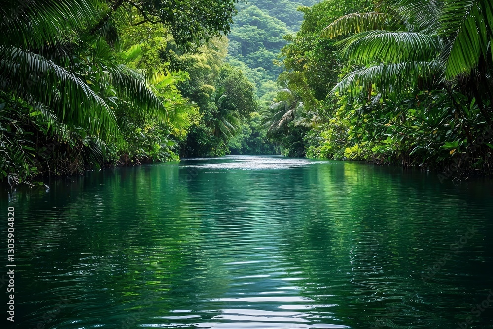 Obraz premium Serene Tropical River Scene Lush Green Jungle Calm Water Tranquil Nature
