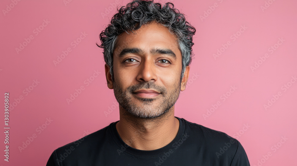 Fototapeta premium An attractive Indian man in his late thirties with short curly hair and stubble, generative AI