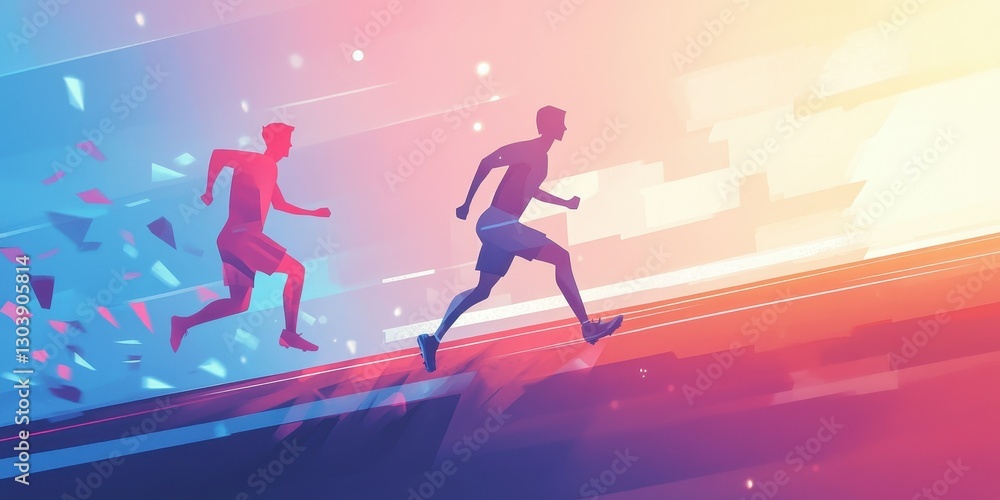 Two male runners sprinting up a track with colorful visual effects Two male runners sprinting up a track with colorful visual effects