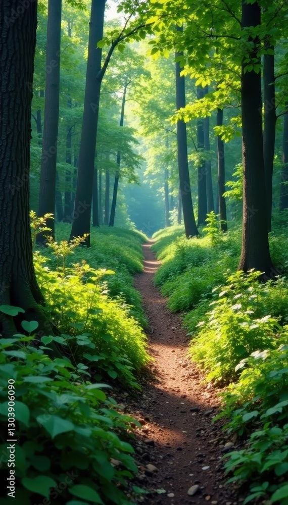 Fototapeta premium Overgrown path diverging from well-trodden trail in forest , discovery, trail