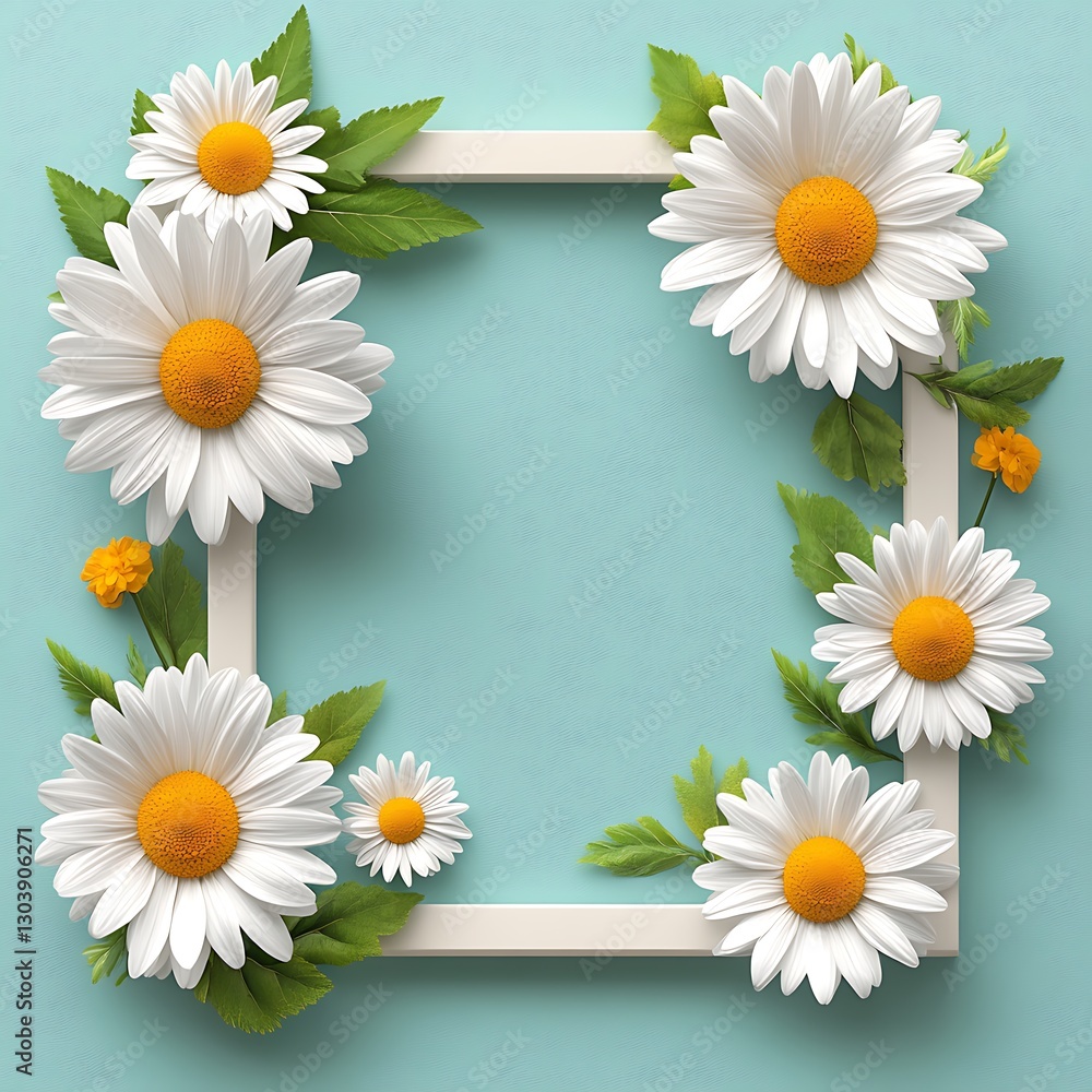 Fototapeta premium Daisies Frame White Square Pastel Blue Background