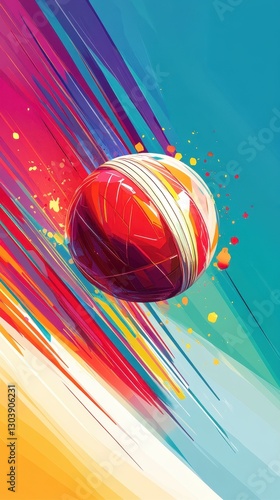 A colorful and abstract illustration of a cricket ball