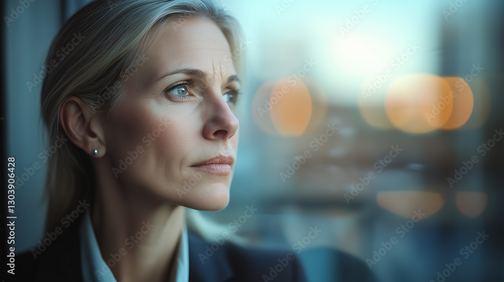 Obraz premium blonde businesswoman looks thoughtfully out window, contemplating future business strategy with determination, deep in thought, in office