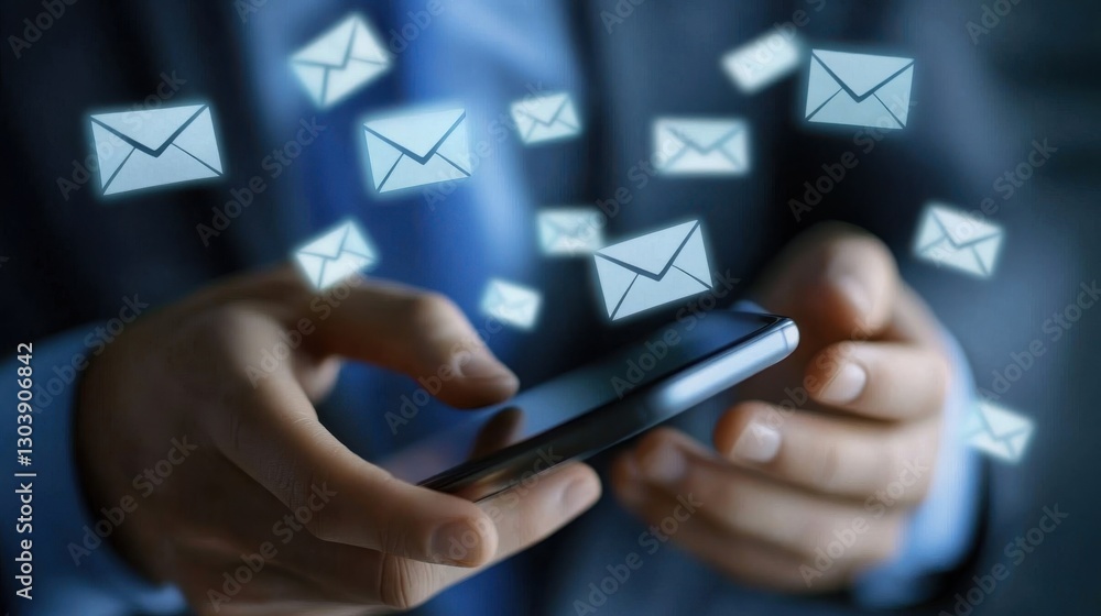 Man holding a smartphone with floating email envelopes around it Man holding a smartphone with floating email envelopes around it