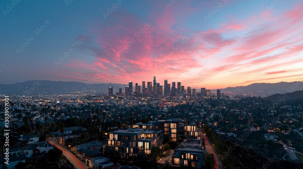 Fototapeta premium Los Angeles Skyline Sunset Cityscape Panorama Urban Twilight Modern Architecture Nigh