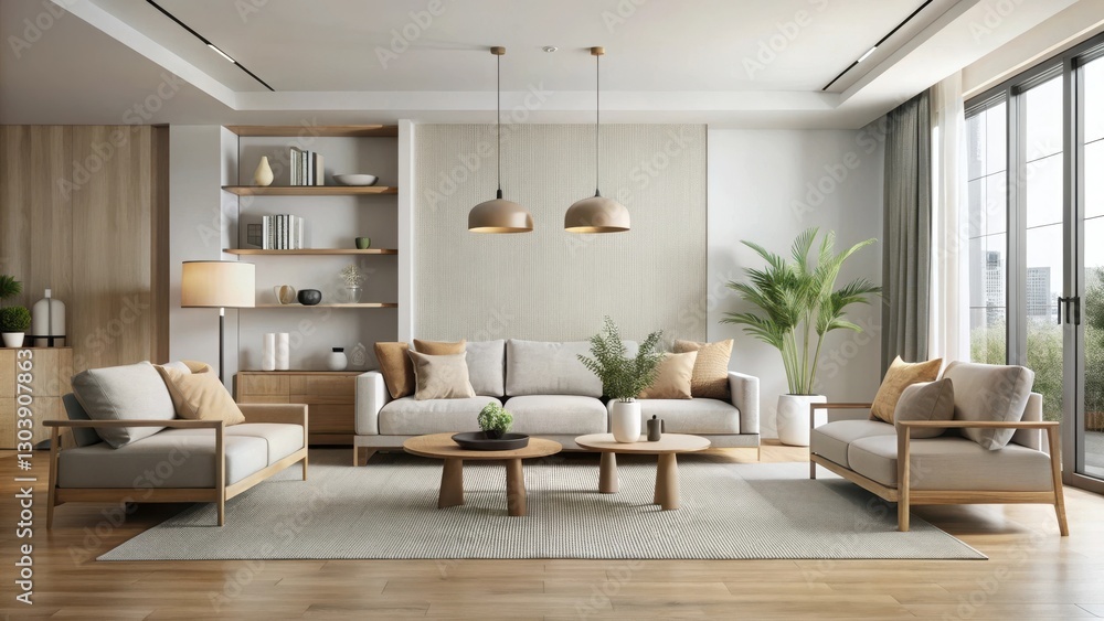 Spacious modern living room with neutral color palette and minimalist furniture arrangement, simplicity, monochromatic Spacious modern living room with neutral color palette and minimalist furniture arrangement, simplicity, monochromatic
