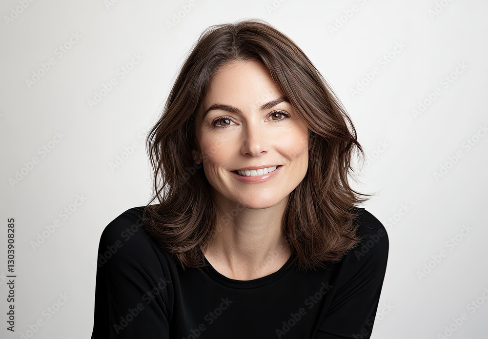 Portrait of a smiling woman with long brown hair in a black top against a neutral background Portrait of a smiling woman with long brown hair in a black top against a neutral background