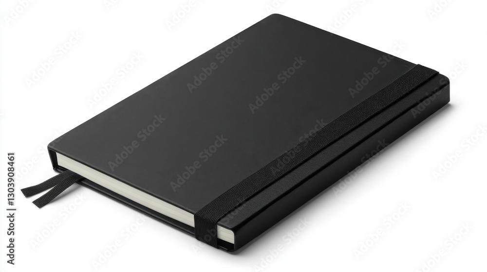 A closed black notebook lies on a plain white surface A closed black notebook lies on a plain white surface