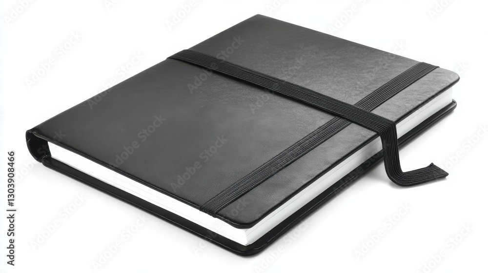 A Black Leather Notebook with an Elastic Band for Closure A Black Leather Notebook with an Elastic Band for Closure