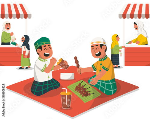 Children Enjoying Street Food Together Eating Sate