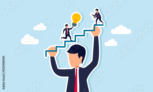 A giant businessman lifts a staircase-shaped line while another businessman passes a torch, illustration of a strong holding company help subsidiaries grow through ideas and innovations