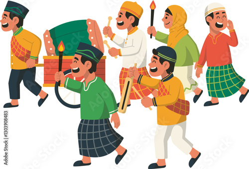 Ilustrasi Parade Malam Takbiran berkeliling dengan Drum Bedug dan Obor