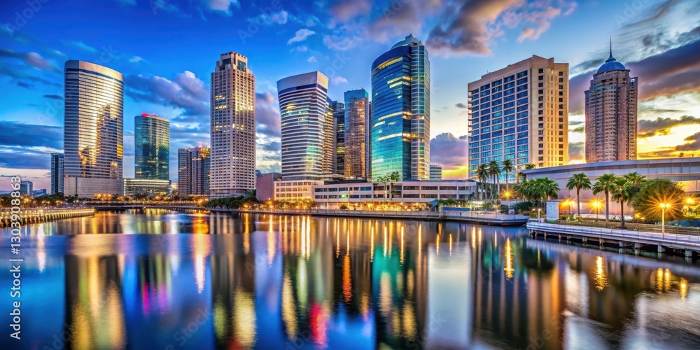 Naklejka premium High-rise skyscrapers dominate downtown Tampa landscape with sleek glass and steel fa?ades reflecting vibrant city lights, glass, modern-building
