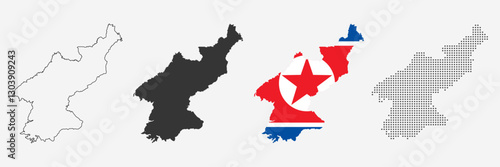 North Korea map in outline, grey, flag color, dotted style