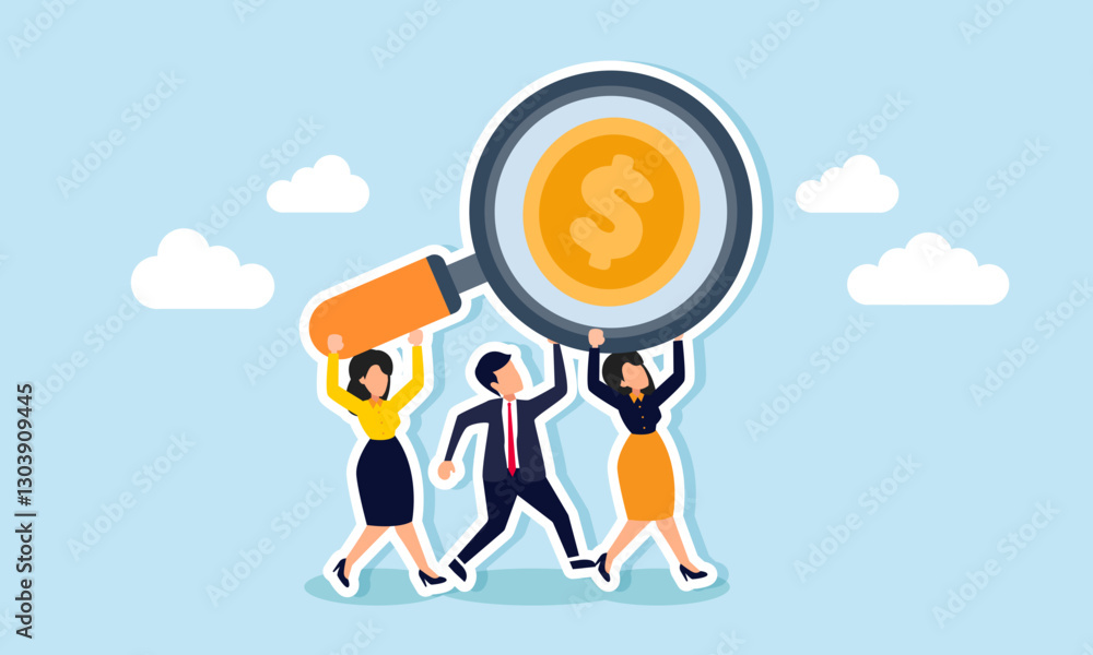 Businesspeople work together lifting a magnifying glass with a dollar coin label, illustration of teamwork and collaboration in business financial analysis and evaluation Businesspeople work together lifting a magnifying glass with a dollar coin label, illustration of teamwork and collaboration in business financial analysis and evaluation
