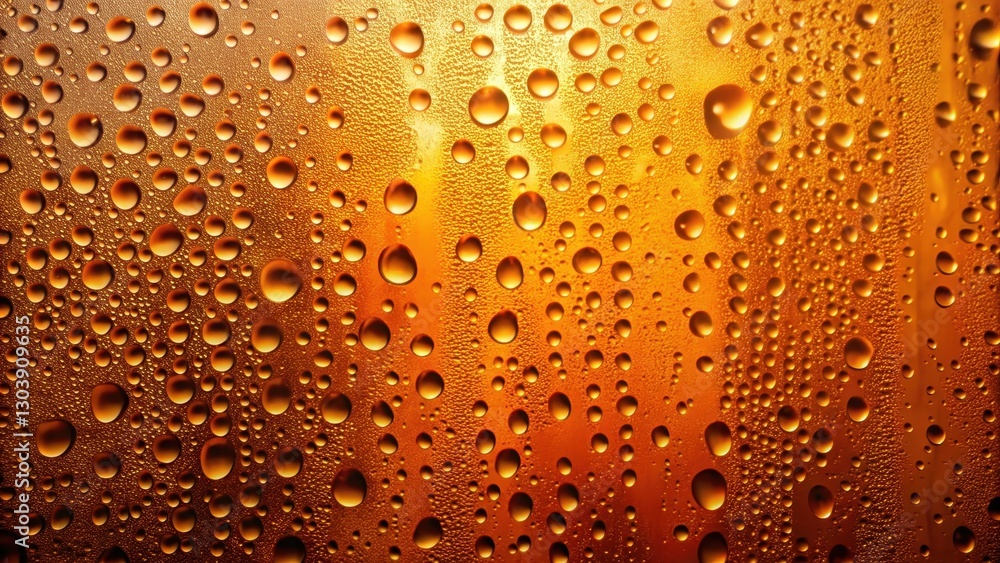 Close-up of water drops on an orange background with bubbles on window glass surface, , glass surface Close-up of water drops on an orange background with bubbles on window glass surface, , glass surface