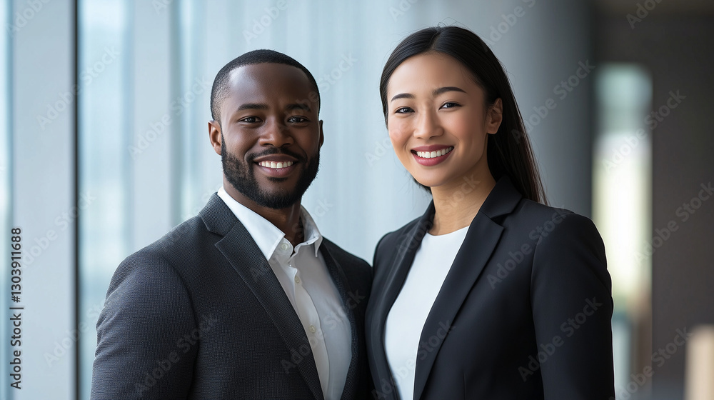 Multiethnic professionals in formal attire, exuding confidence and teamwork in a modern office setting. Multiethnic professionals in formal attire, exuding confidence and teamwork in a modern office setting.