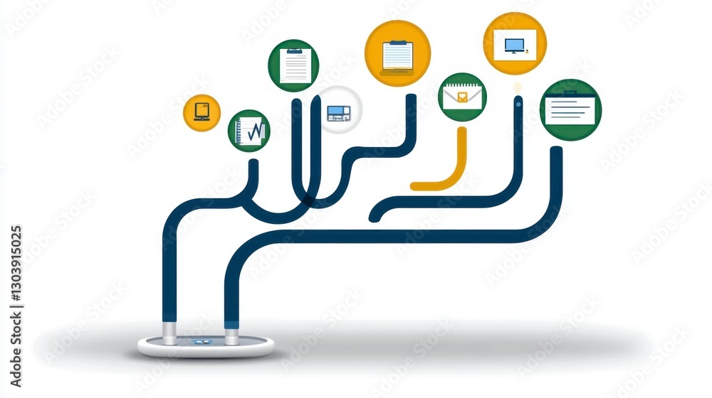 Abstract Data Flow Network Blue and Gold Icons on White Abstract Data Flow Network Blue and Gold Icons on White
