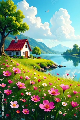 Pink flower filled meadow with a red roofed cottage beside a calm body of water, meadow, calm photo