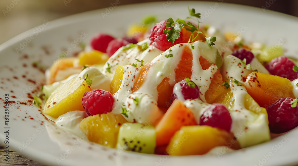 Vibrant and healthy fruit salad with a mix of colorful fruits, drizzled with creamy yogurt for a delicious snack Vibrant and healthy fruit salad with a mix of colorful fruits, drizzled with creamy yogurt for a delicious snack