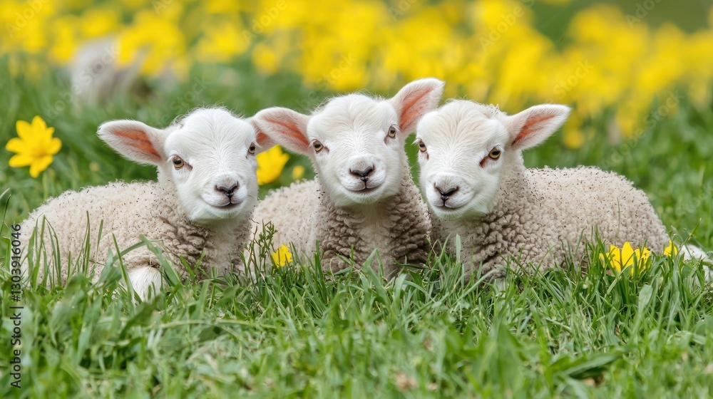 Three Adorable Lambs in a Yellow Flower Meadow Three Adorable Lambs in a Yellow Flower Meadow