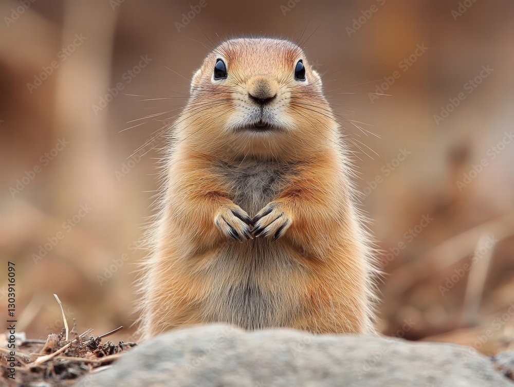 A groundhog standing on its hind legs observing its surroundings in a green field on a sunny day A groundhog standing on its hind legs observing its surroundings in a green field on a sunny day