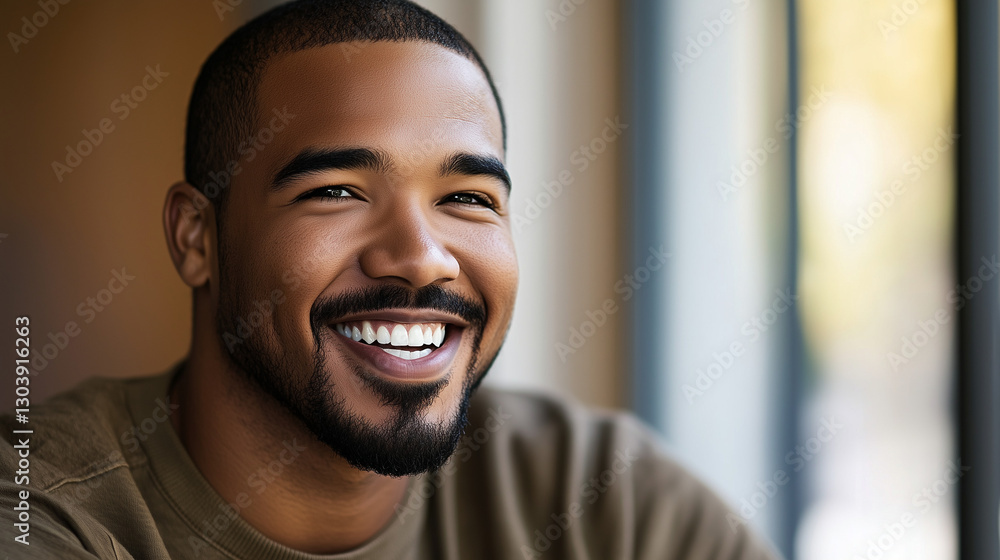 Confident young man smiling warmly, radiating joy and positivity. Confident young man smiling warmly, radiating joy and positivity.
