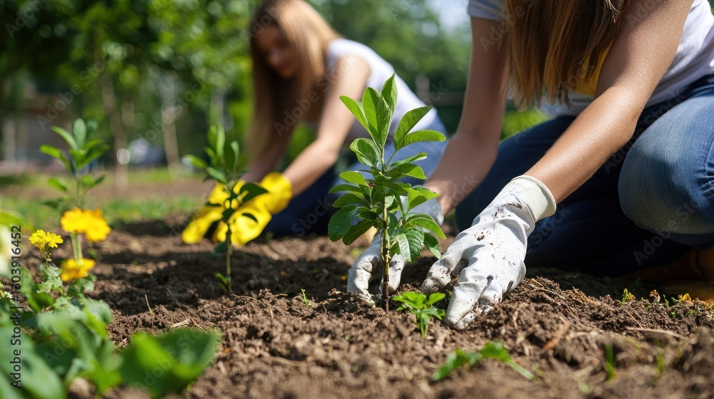 Fototapeta premium Volunteer Planting Saplings in Community Garden
