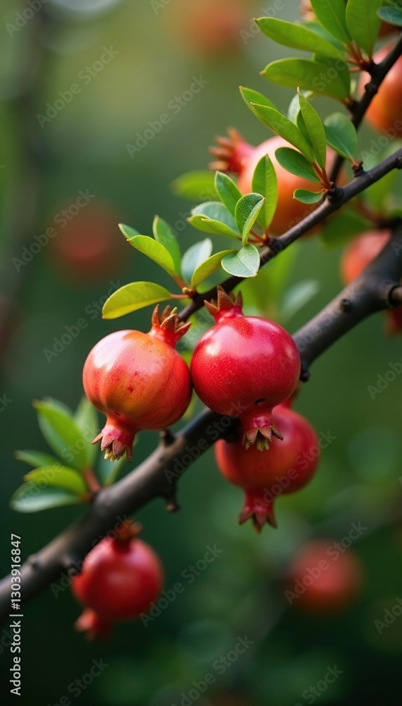 Pomegranate tree branches with red orange flowers sprouting, blooming, tree, blossoms Pomegranate tree branches with red orange flowers sprouting, blooming, tree, blossoms