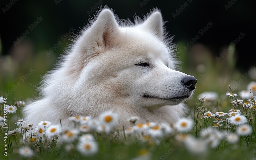 Happy dog frolicking in a colorful field of flowers under the bright warm sunlight in nature Happy dog frolicking in a colorful field of flowers under the bright warm sunlight in nature