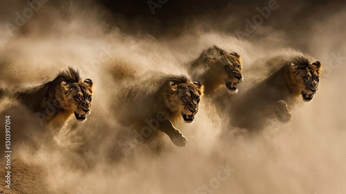 Dynamic group of lions sprinting through dusty terrain creating a powerful display of strength