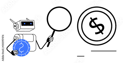 Robot holding a magnifying glass and a currency coin, examining financial symbols. Ideal for finance, AI innovation, technology, digital economy, data analysis, research, flat simple metaphor