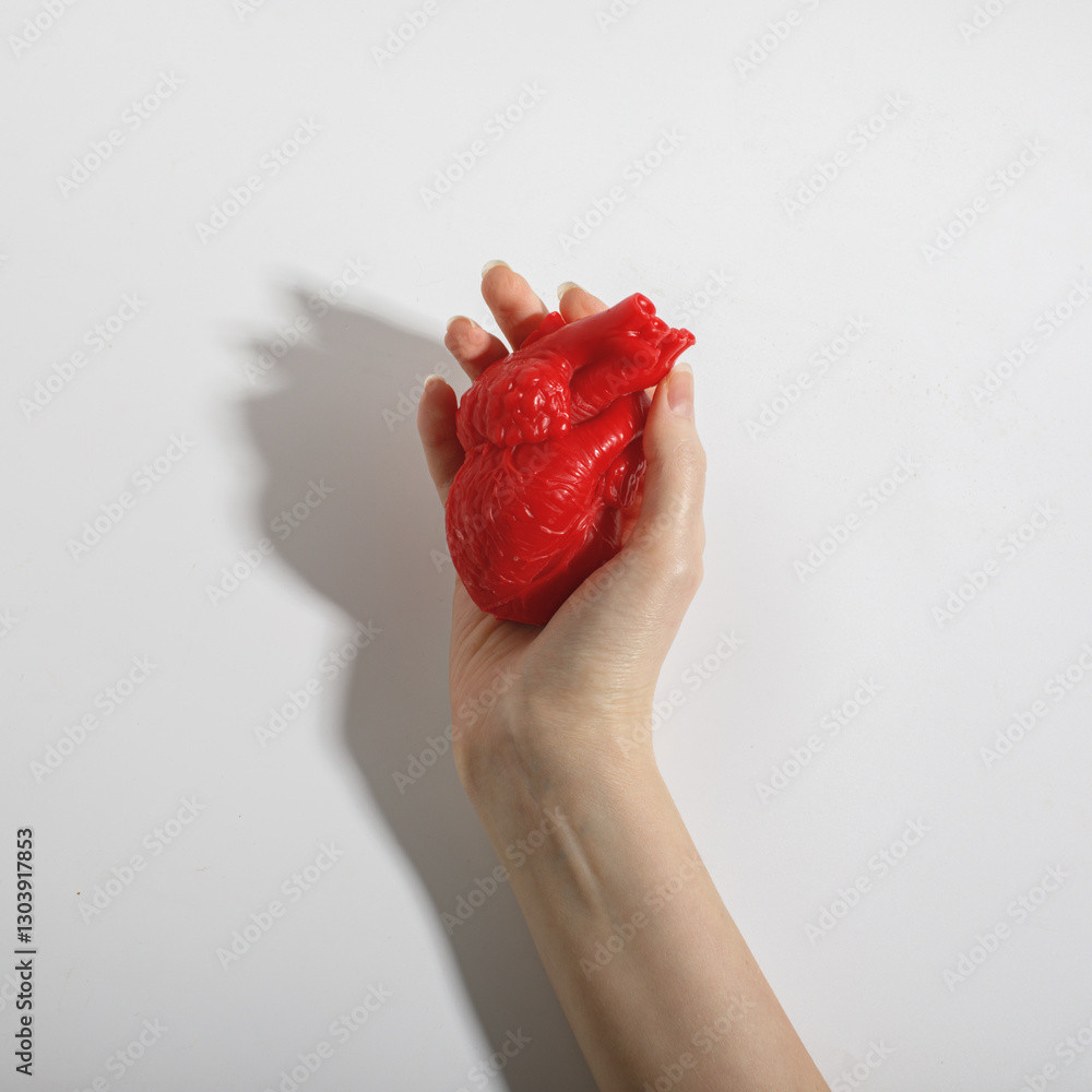 woman hands hold red symbolic heart isolated on white background