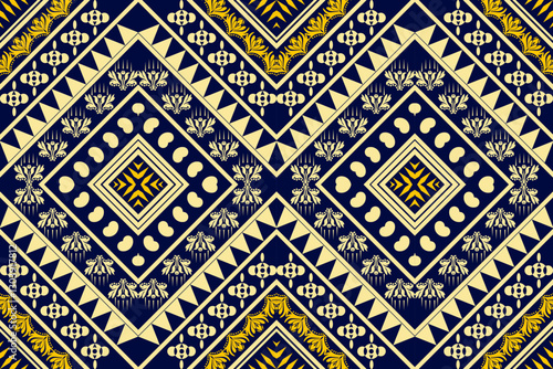 ethnic geometric pattern dark blue, yellow striped background. The pattern consists of triangular shapes. diamond and flower shapes arranged Design for fabric patterns Pillows, curtains,handkerchiefs
