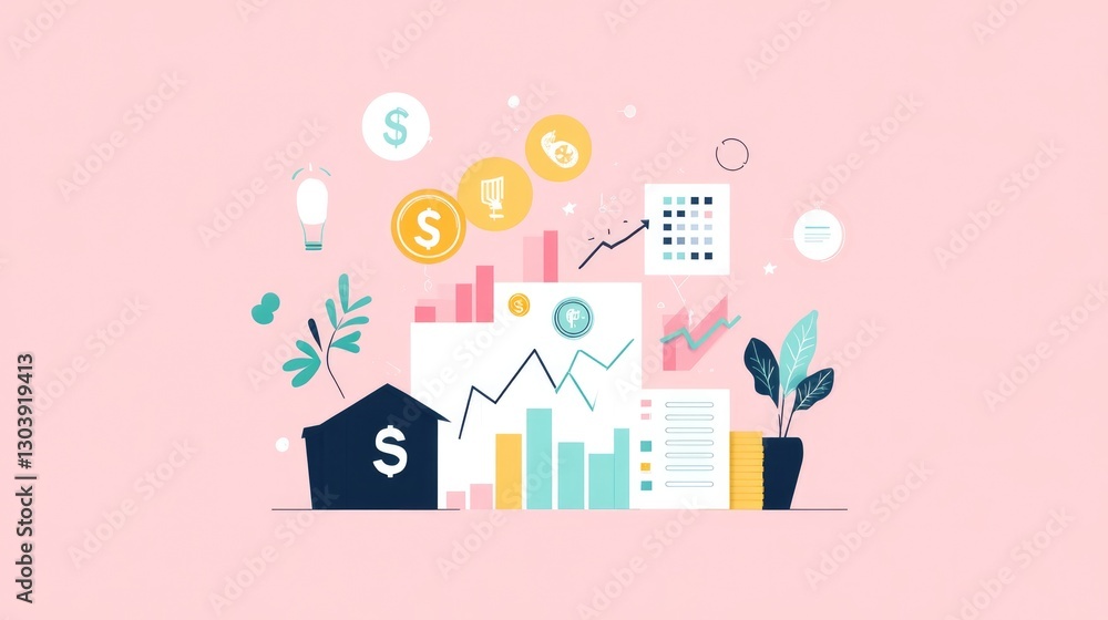 flat design illustration featuring diverse portfolio of investment fund elements such as growth graphs financial symbols flat design illustration featuring diverse portfolio of investment fund elements such as growth graphs financial symbols