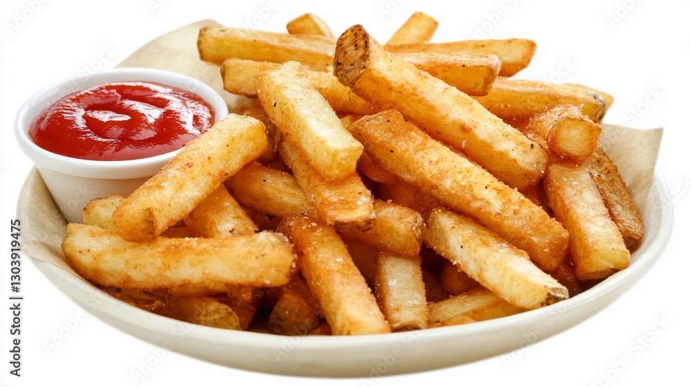 Crispy fries, ketchup, bowl, white background, food menu Crispy fries, ketchup, bowl, white background, food menu