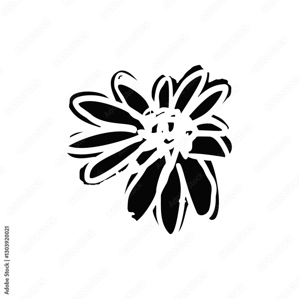 Hand drawn black ink abstract daisy flower silhouette isolated on white background. Monochrome scribble style bloom. Sketchy minimalist floral design. Hand drawn black ink abstract daisy flower silhouette isolated on white background. Monochrome scribble style bloom. Sketchy minimalist floral design.